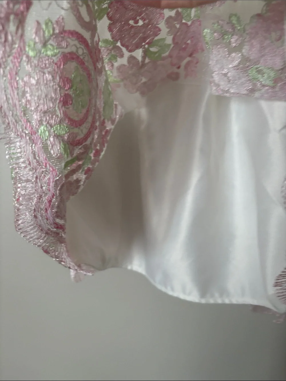 American Princess White Formal Dress with Pink & Green Floral Embroidery